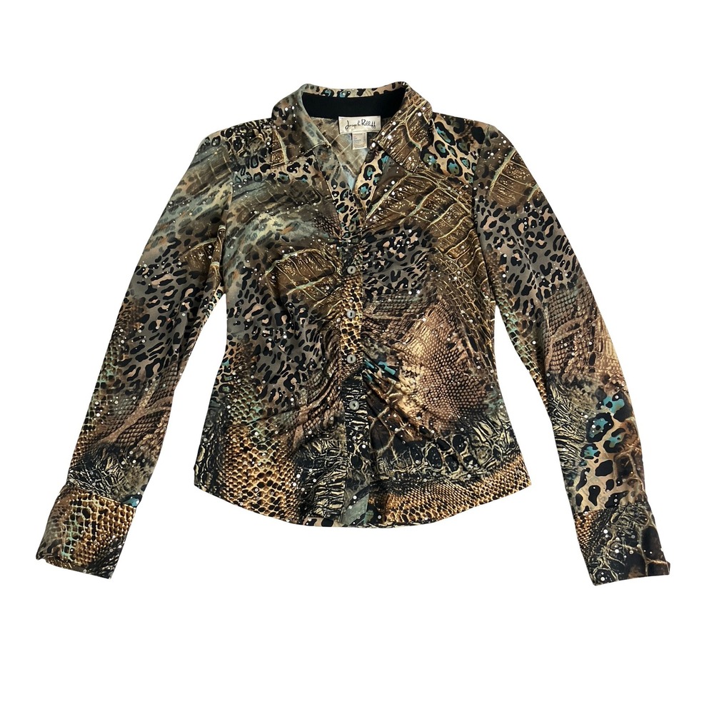 Vintage Joseph‎ Ribkoff Top Womens 8 Mixed Animal Print Sequin Button Up Blouse